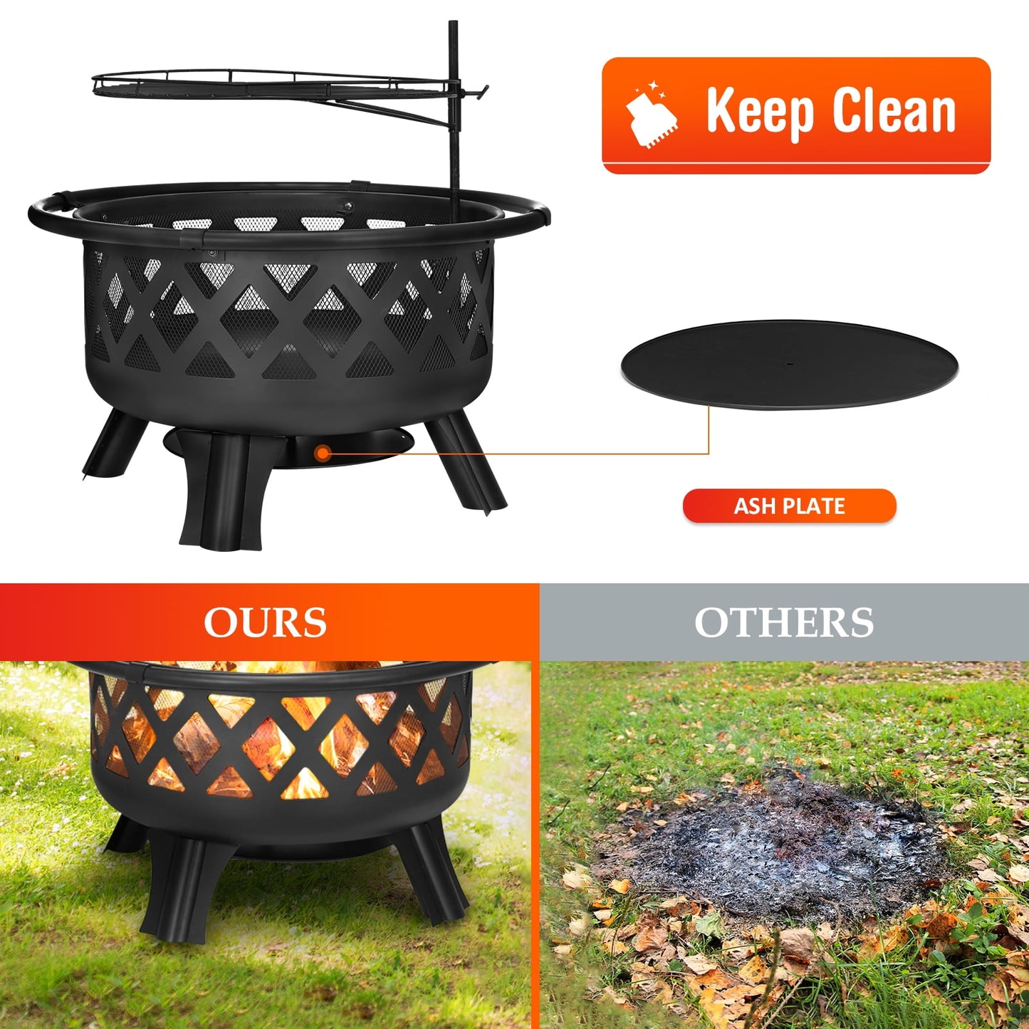 Singlyfire 30 inch Fire Pit for Outside 2 in 1 BBQ Wood Burning Fire Pit for Outdoor Camping Large Fire Pit Wood Bowl Firepit with Grate Spark Screen Log Grate