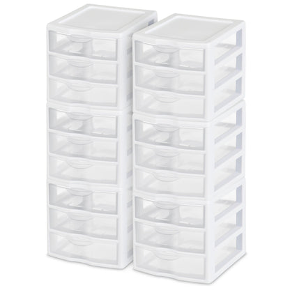 Sterilite ClearView Plastic Small 3 Drawer Desktop Storage Unit, White, 6 Pack