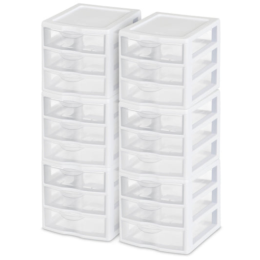 Sterilite ClearView Plastic Small 3 Drawer Desktop Storage Unit, White, 6 Pack