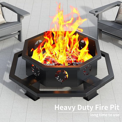 43 inch Fire Pit, Outdoor Wood Burning Fire Pit Octagonal Heavy Duty Firepit for Camping, Backyard, Patio, Black