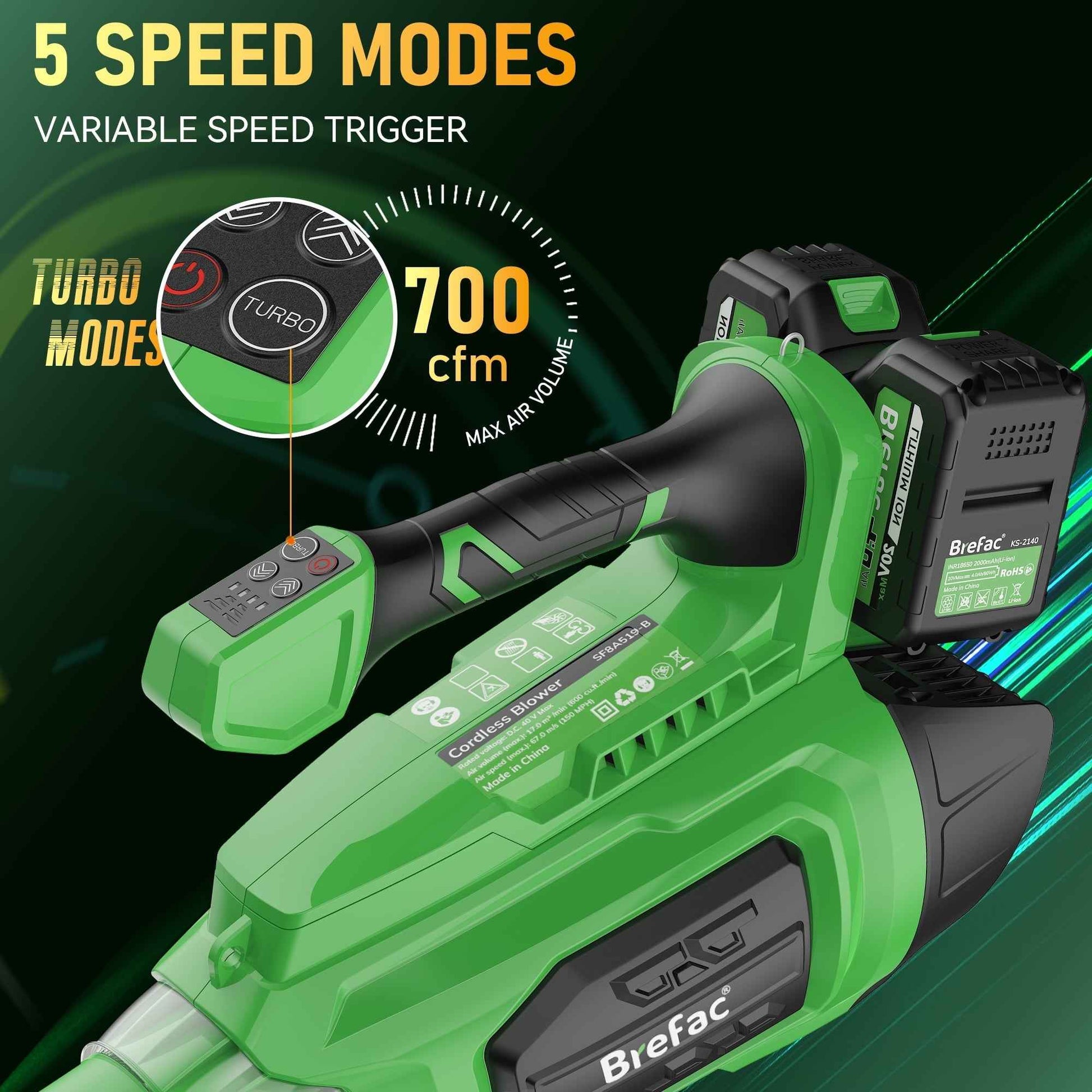 Brefac Leaf Blower 40V 700CFM 180MPH, Brushless Motor with 2 X 4.0Ah Batteries and Fast Charger