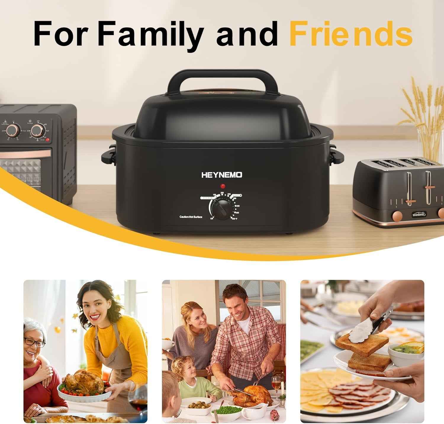 22 Quart Electric Roaster Oven with Visible & Self-Basting Lid, Large Turkey Roaster with Defrost Warm Function, Adjustable Temperature, Removable Pan Rack, Stainless Steel