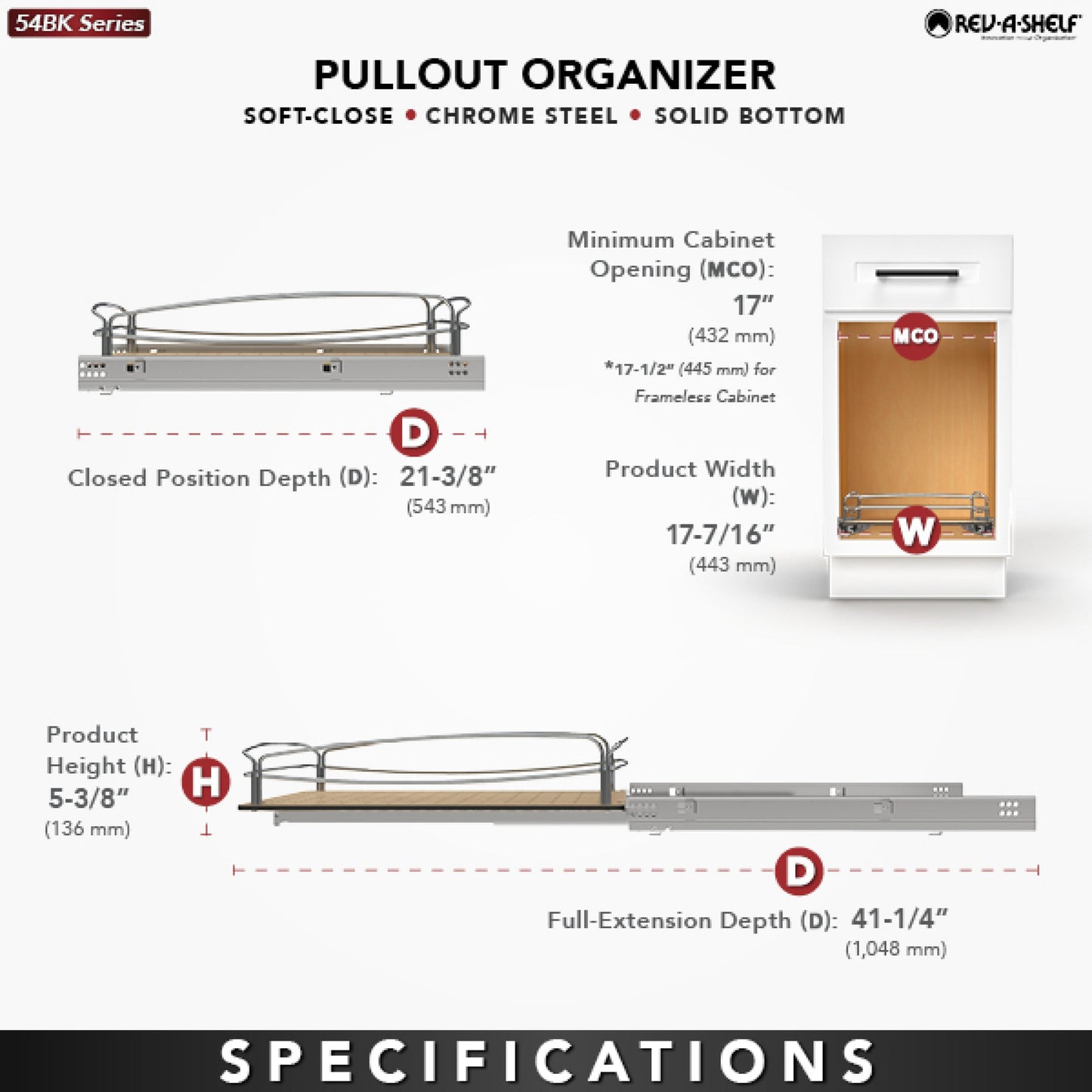 Rev-A-Shelf Solid Bottom Pullout Base Soft-close Cabinet Organizer, 54BK-18SC-1