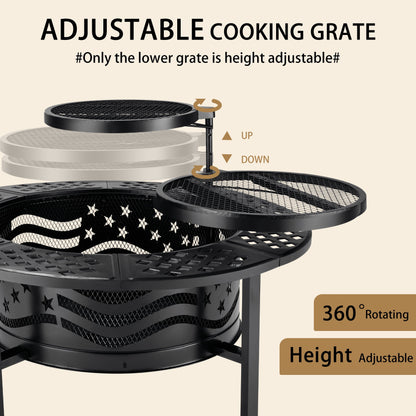 TrumanPick Fire Pit for Outside 42" Wood Burning Fire Pit Tables with 2 Adjustable Swivel BBQ Grills, Lid, Poker for Patio Backyard BBQ Ice Storage