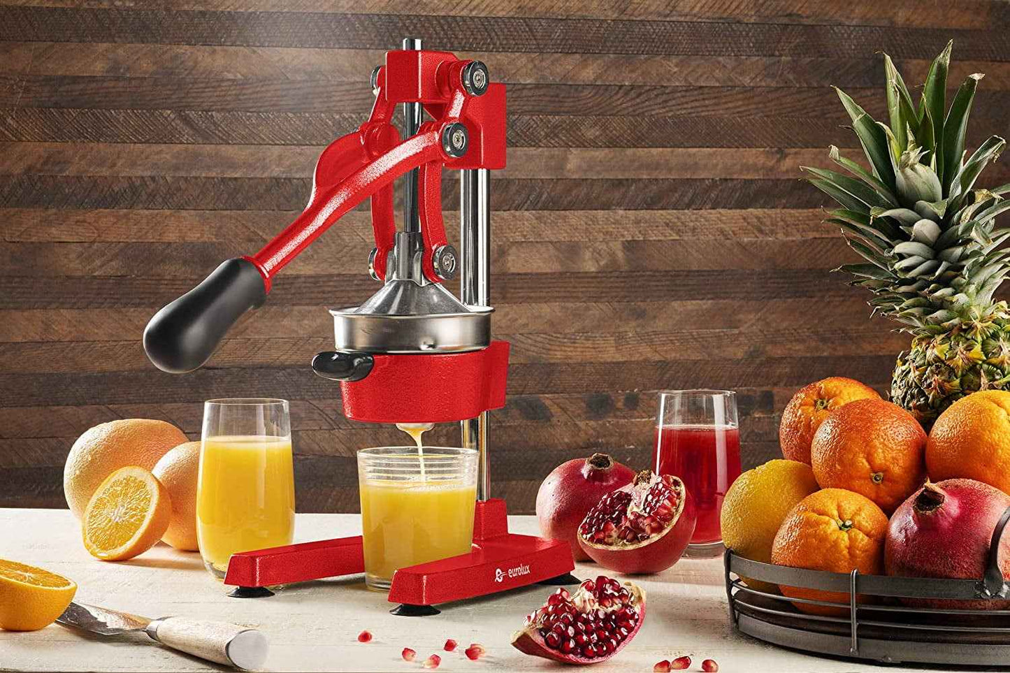 Eurolux Cast Iron Citrus Juicer | Commercial Grade Manual Hand Press | Countertop Squeezer for Fresh Fruit Juice (Bonus Stainless Steel Cup) (Red)