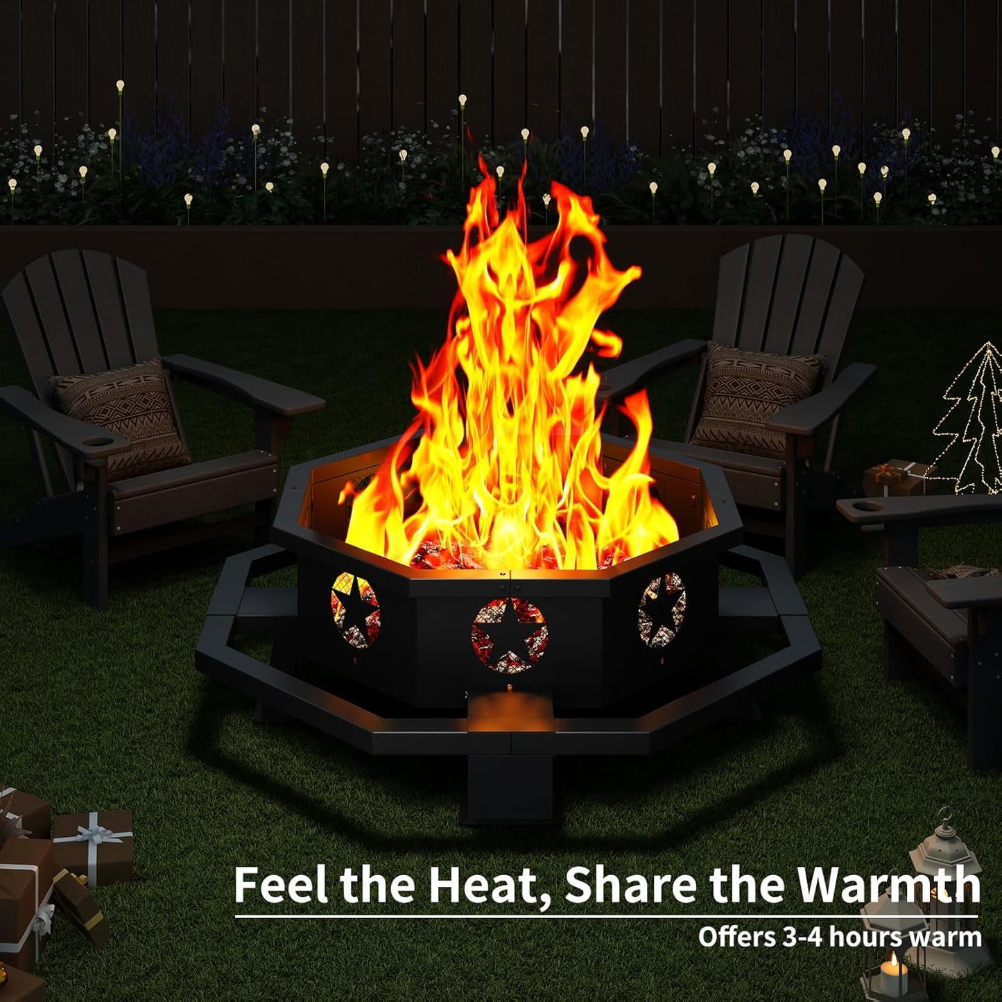 43 inch Fire Pit, Outdoor Wood Burning Fire Pit Octagonal Heavy Duty Firepit for Camping, Backyard, Patio, Black