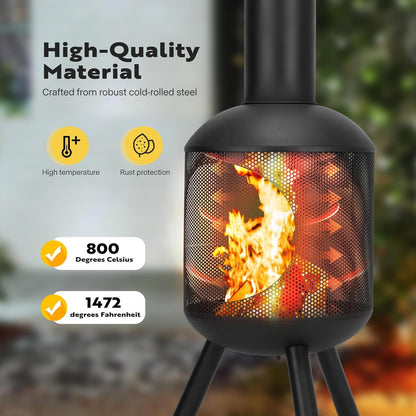 SPECSTAR 46 Inch Chiminea Outdoor Fireplace, Cold-Rolled Steel Wood Burning Fire Pit with Mesh Design, Top Chimney Cover