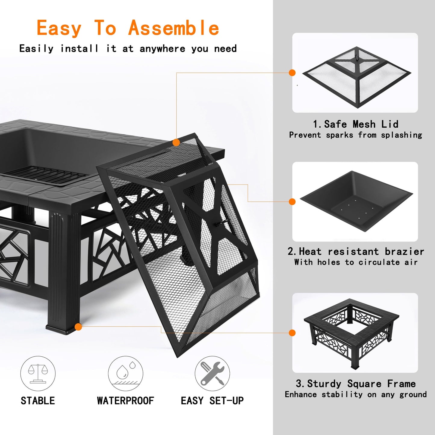 UHOMEPRO Fire Pit for Outside, 32" Square Fire Pit Table with BBQ Net, Mesh Lid, Poker and Cover, Wood Burning Outdoor Heating Fire Pit Stove for Patio, Backyard, Camping, Black