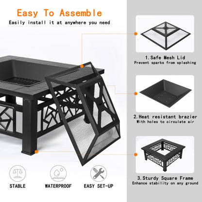 UHOMEPRO Fire Pit for Outside, 32" Square Fire Pit Table with BBQ Net, Mesh Lid, Poker and Cover, Wood Burning Outdoor Heating Fire Pit Stove for Patio, Backyard, Camping, Black