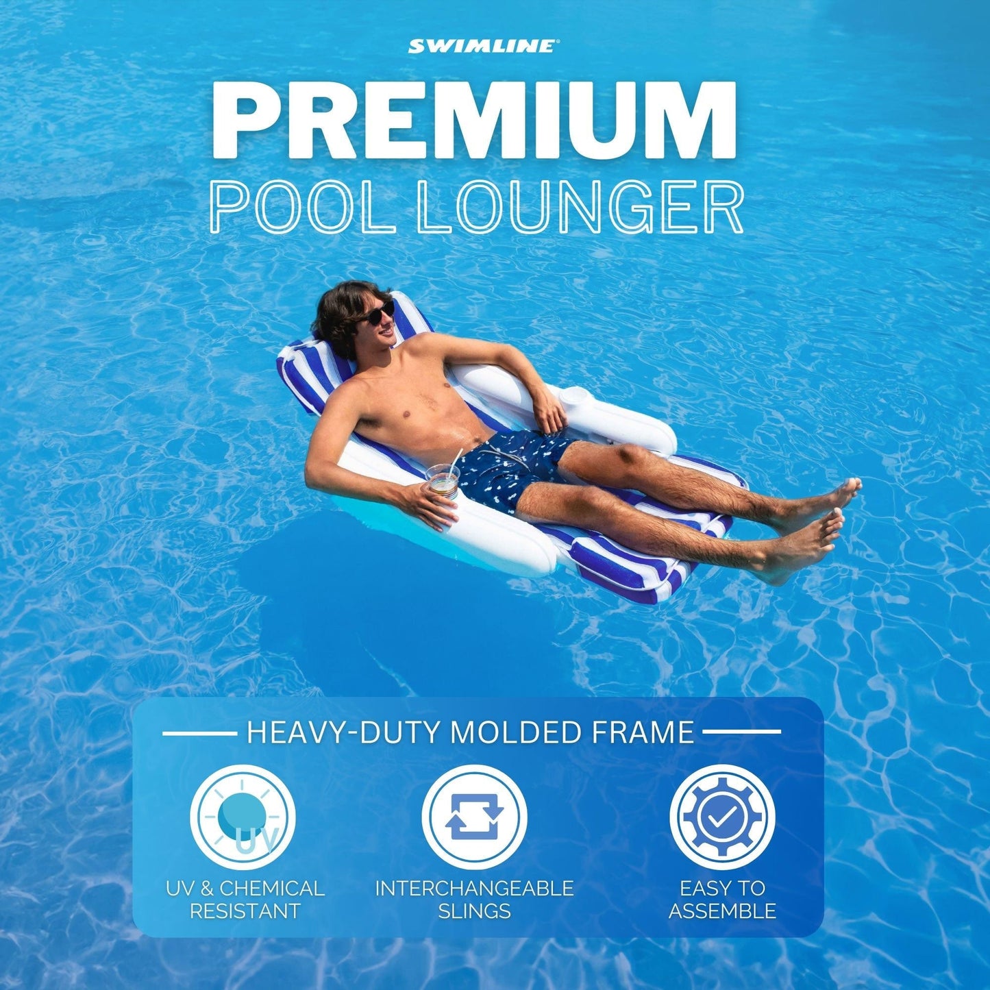 Swimline SunChaser Padded Floating Luxury Pool Lounge Sling Chair, Blue/White