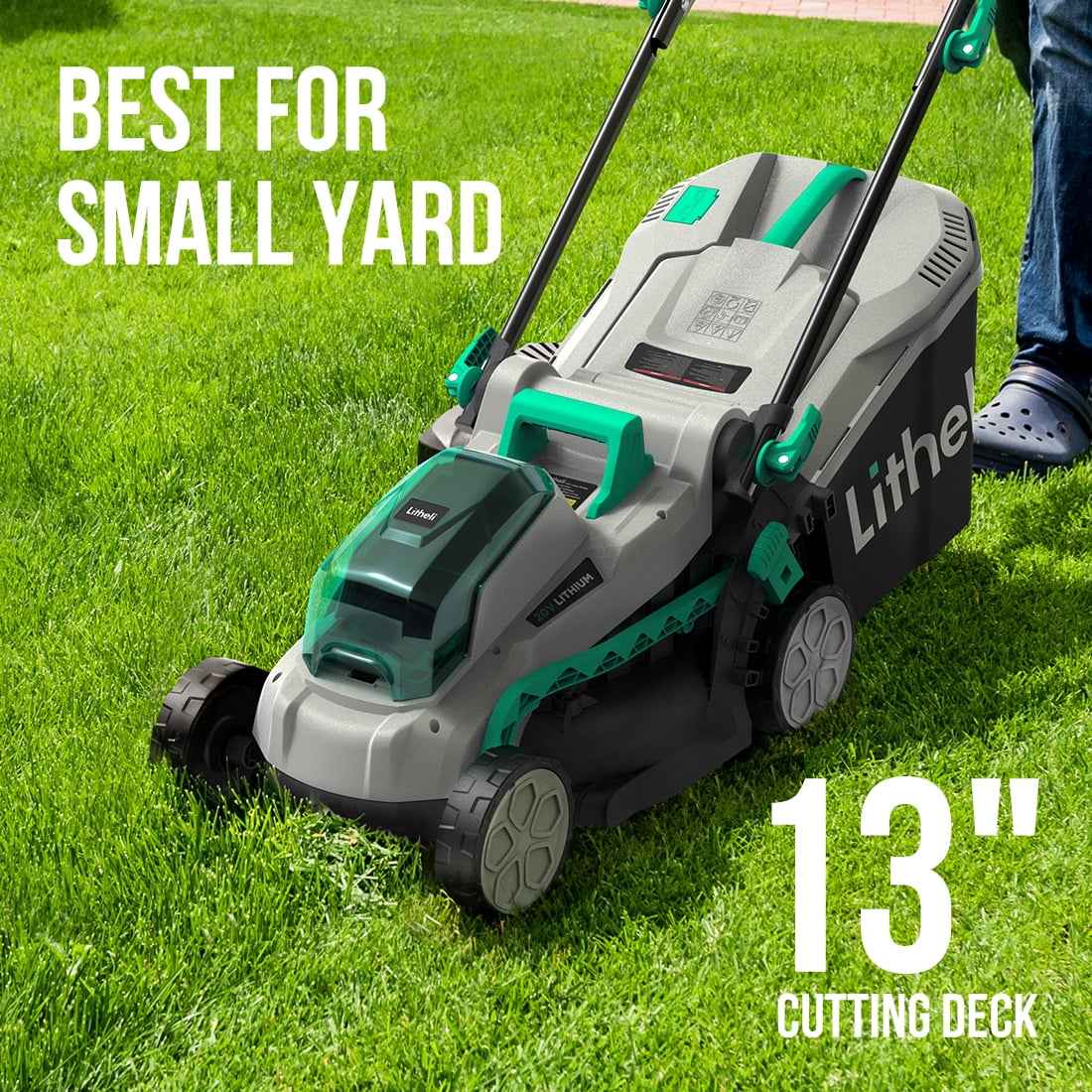 Litheli 20V 13" Cordless Lawn Mower 16.34 in with Brushless Motor + 4.0Ah Battery & Charger 27.3 lb, Manpower driven