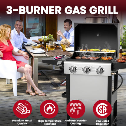 30000BTU Gas Grill, 3-Burner Grills with Built-in Thermometer & Side Table, Stainless Steel BBQ Grills for Outdoor Cooking