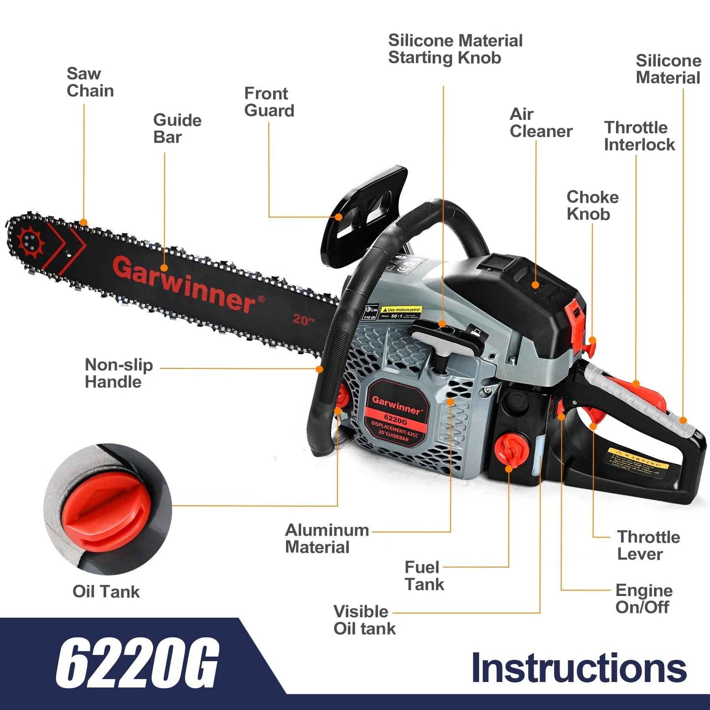 Garwinner Gas Chainsaw 20'' 2-Stroke 62CC Cordless Chainsaw 6220G for Farm, Garden, Ranch, Cutting Wood/Firewood