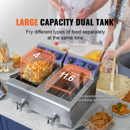KFFKFF Industrial Dual Chamber Fryer, 3000W Electric Tabletop Cooking Unit with Basket, 2 x 11.6Qt/11L Twin Stainless Steel Oil Fryer with Oil Purification, Adjustable Time & Temperature