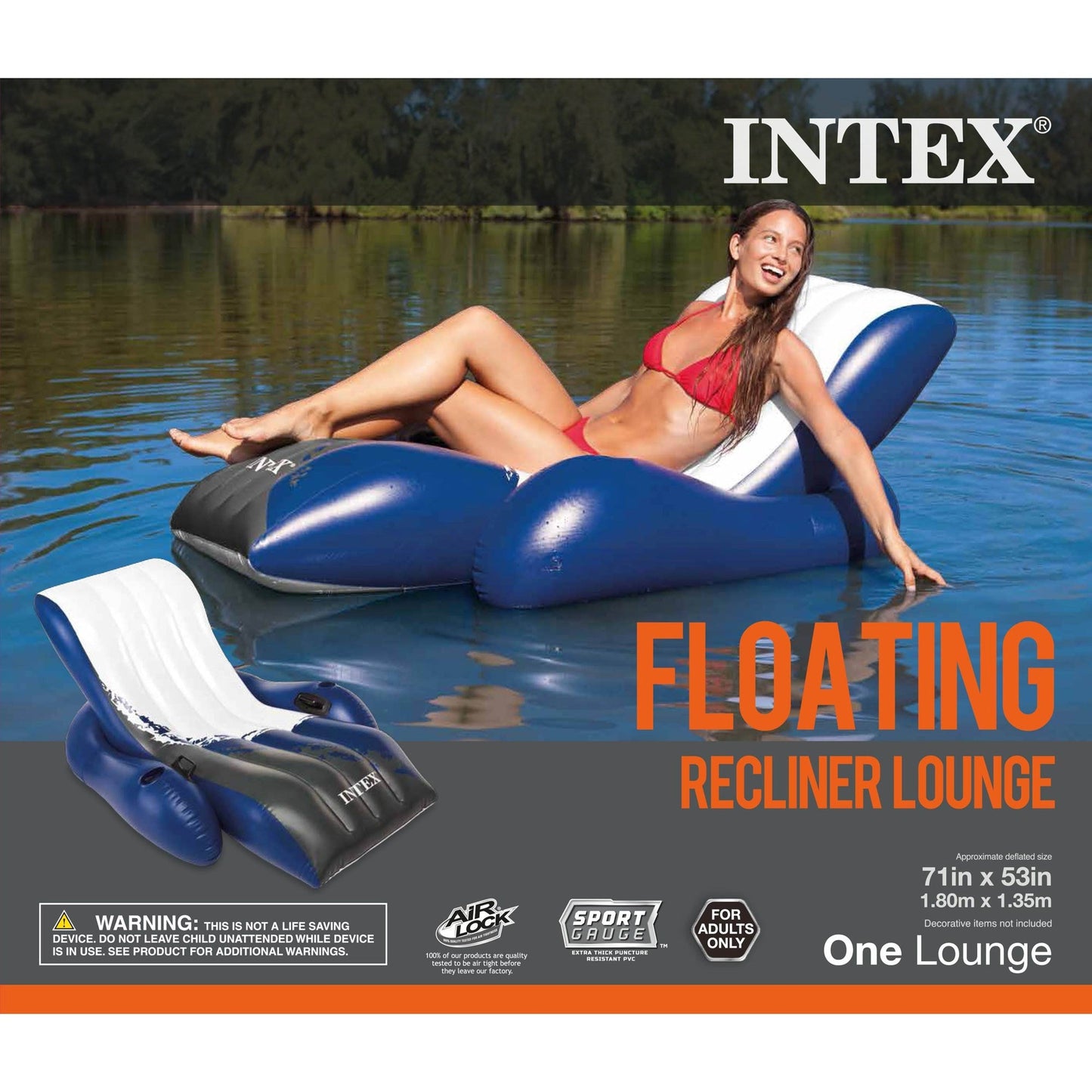 Intex Floating Recliner Inflatable Lake Lounge, Pool Float Chair w/ Cup Holders