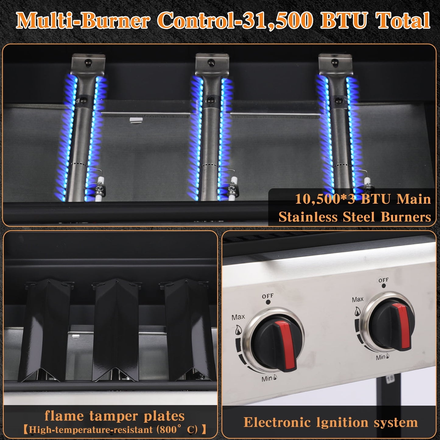 CIG GARDEN 3 Burner Propane Gas Grill, 31,500 BTU Output Outdoor BBQ Grill with Cast Iron Grates and Versatile Mini Grill Pan, Perfect for Outdoor Cooking, Balcony, Backyard, Camping