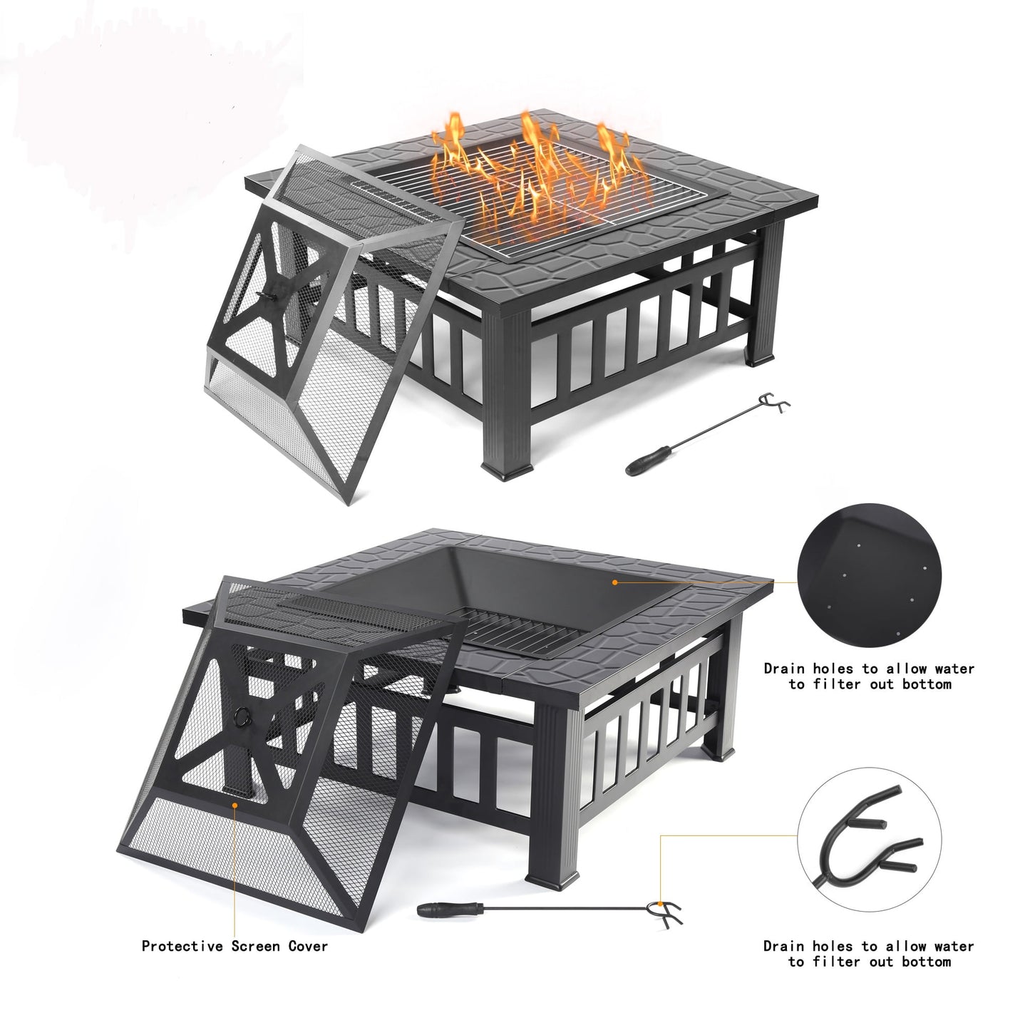 Multifunctional Fire Pit Table, 32'' Fireplace Heater/Ice Pit, Square Metal Fire Pit Stove with Screen Lid and Log Poker for Backyard Garden Camping Picnic Bonfire