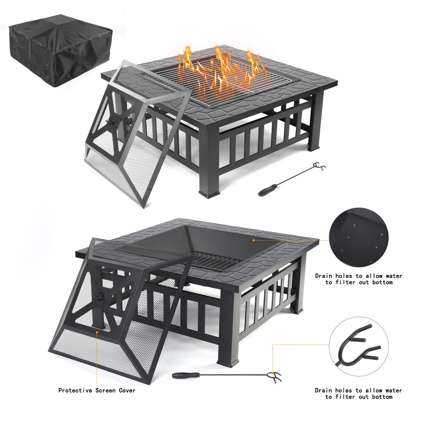 Fire Pits for Outside, UHOMEPRO 32" Square Iron Fire Pit Backyard Patio Garden Stove Wood Burning Fire Pit w/ BBQ Net, Waterprrof Cover, Mesh Screen Lid, Wood Grate, Poker, Durable Fire Pit