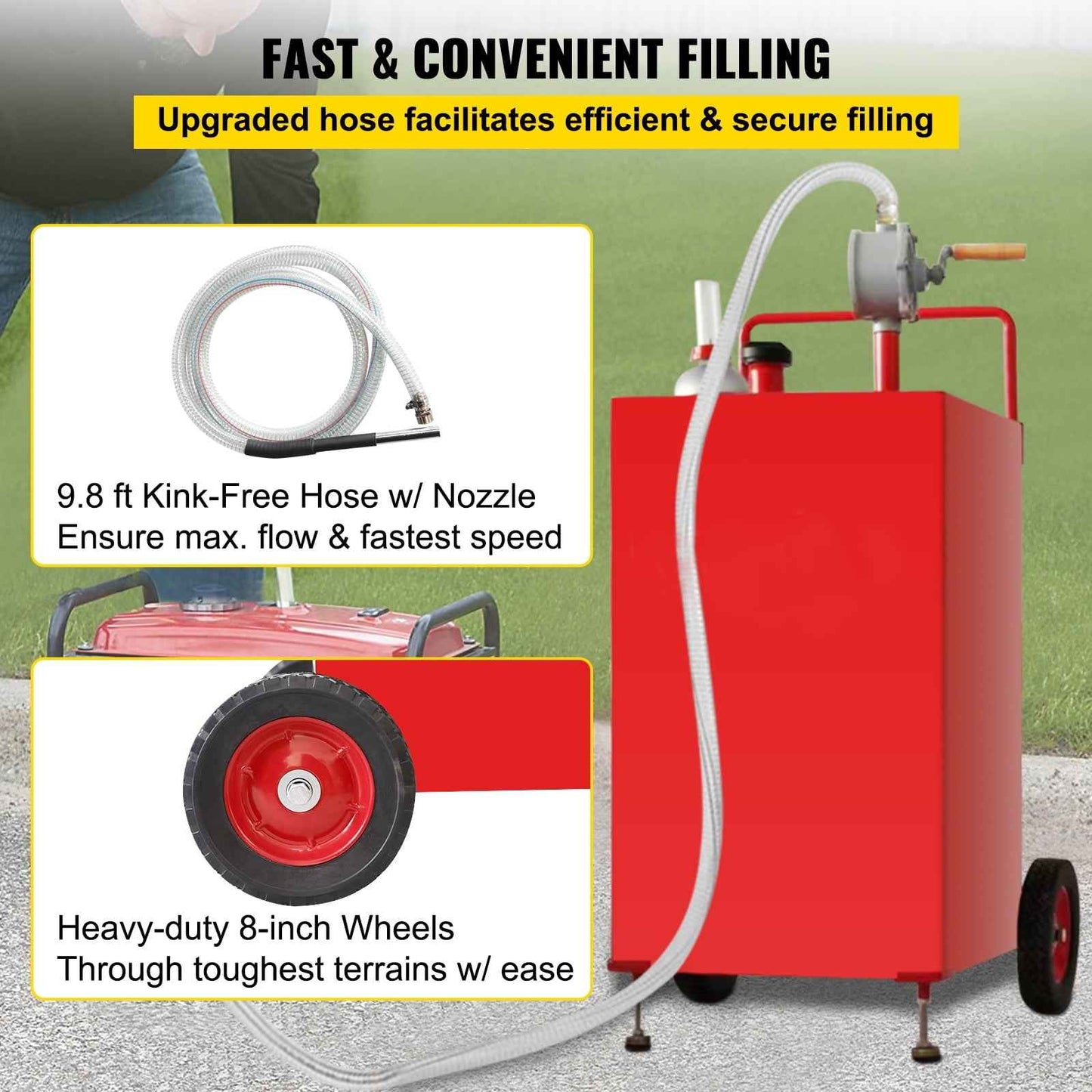 SKYSHALO VV-SYJYC-OI2, 30 Gallon Gasoline Diesel Portable Fuel Caddy Manuel Transfer Pump Red