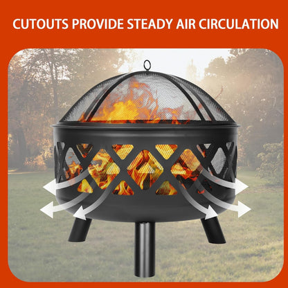 Red Mountain Valley Outdoor Wood Burning Fire Pit 24'' with Poker and Cover, 2-in-1 Functionality Cross-Woven Steel Fire Pits for Outside, Outdoor Fireplaces for Camping,BBQ, Patio,Backyard