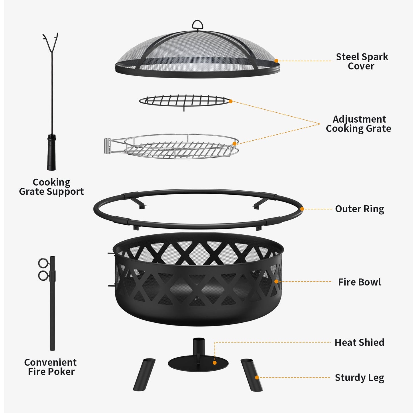 JolyDale 30 inch Outdoor Fire Pit with Cooking 2 in 1 Grate Wood Burning Firepit Steel Firepit Bowl with Swivel BBQ Grill, Poker for Backyard, Garden