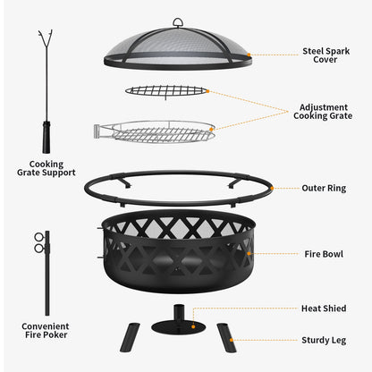 JolyDale 30 inch Outdoor Fire Pit with Cooking 2 in 1 Grate Wood Burning Firepit Steel Firepit Bowl with Swivel BBQ Grill, Poker for Backyard, Garden