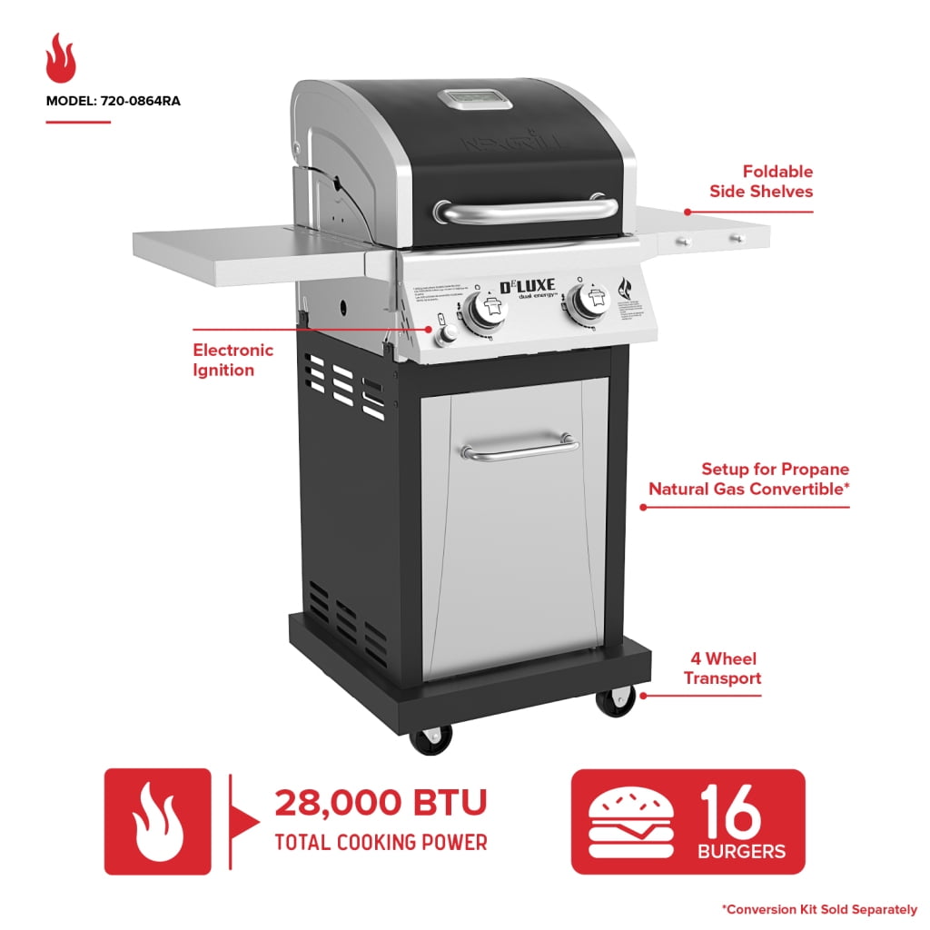 Nexgrill Deluxe 2-Burner Gas Grill with 401 SQ In Grate, 28000 BTUs, Stainless Steel Control Panel & Foldable Side Table, Propane BBQ Grill for Outdoor Cooking, Patios, Backyards and More -720-0864RA