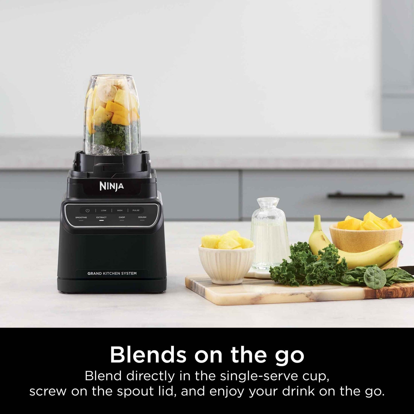 Ninja Grand Kitchen System, 1200W, 72 oz Pitcher, 8-Cup Food Processor, 18 oz To-Go Cup, 4 Presets - Smoothies, Extract, Dough and Chop, Black, KS500