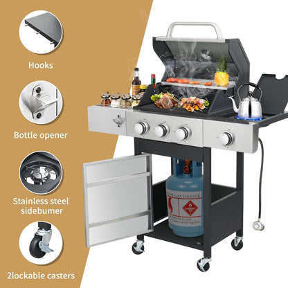 Furnibear 3-Burner Gas Grill Side Burner, Propane Stainless Steel BBQ Grill with Porcelain-Enameled Cast Iron Grates, 37150 BTU Barbecue Grill for Outdoor Cooking