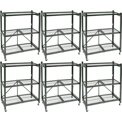 Origami R3 Foldable 3-Tiered Shelf Storage Rack & Wheels, Pewter (6 Pack)