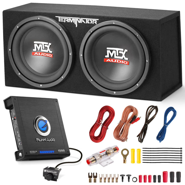 MTX TNE212D 12" 1200W Dual Loaded Car Subwoofers Box & Planet 1500W Amp with Kit