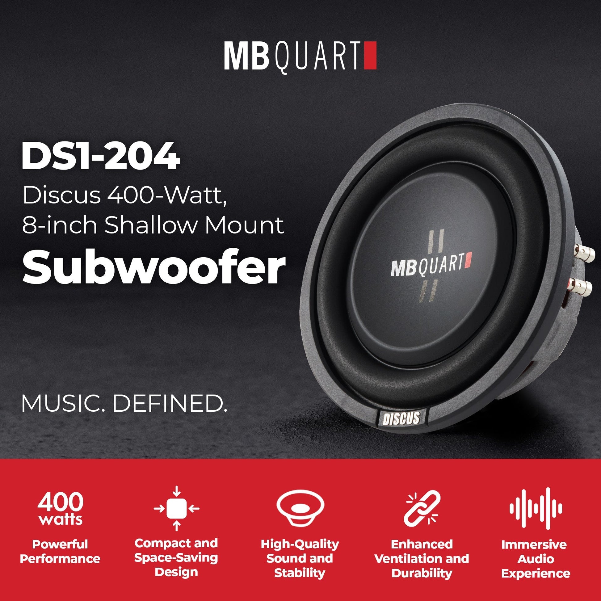 MB Quart DS1-204 400 Watt 8 Inch Shallow Slim DVC 4 Ohm Car Sub, Single Speaker - Find Fresh Goods