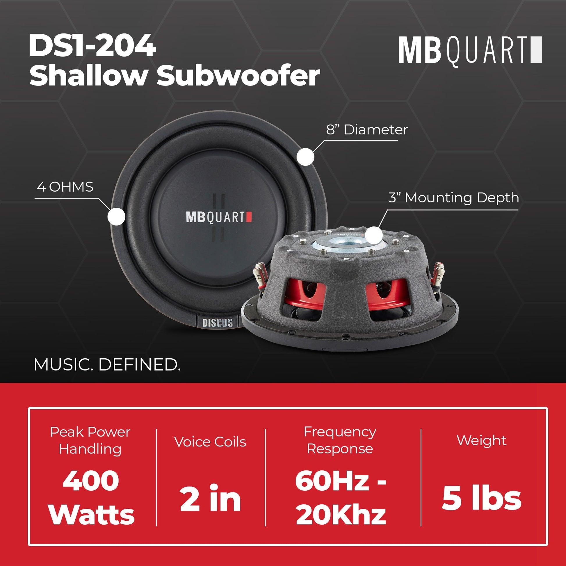 MB Quart DS1-204 400 Watt 8 Inch Shallow Slim DVC 4 Ohm Car Sub, Single Speaker - Find Fresh Goods