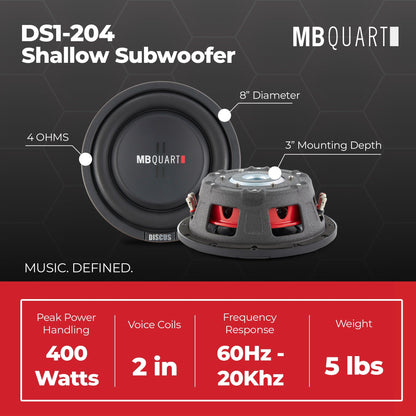 MB Quart DS1-204 400 Watt 8 Inch Shallow Slim DVC 4 Ohm Car Sub, Single Speaker - Find Fresh Goods