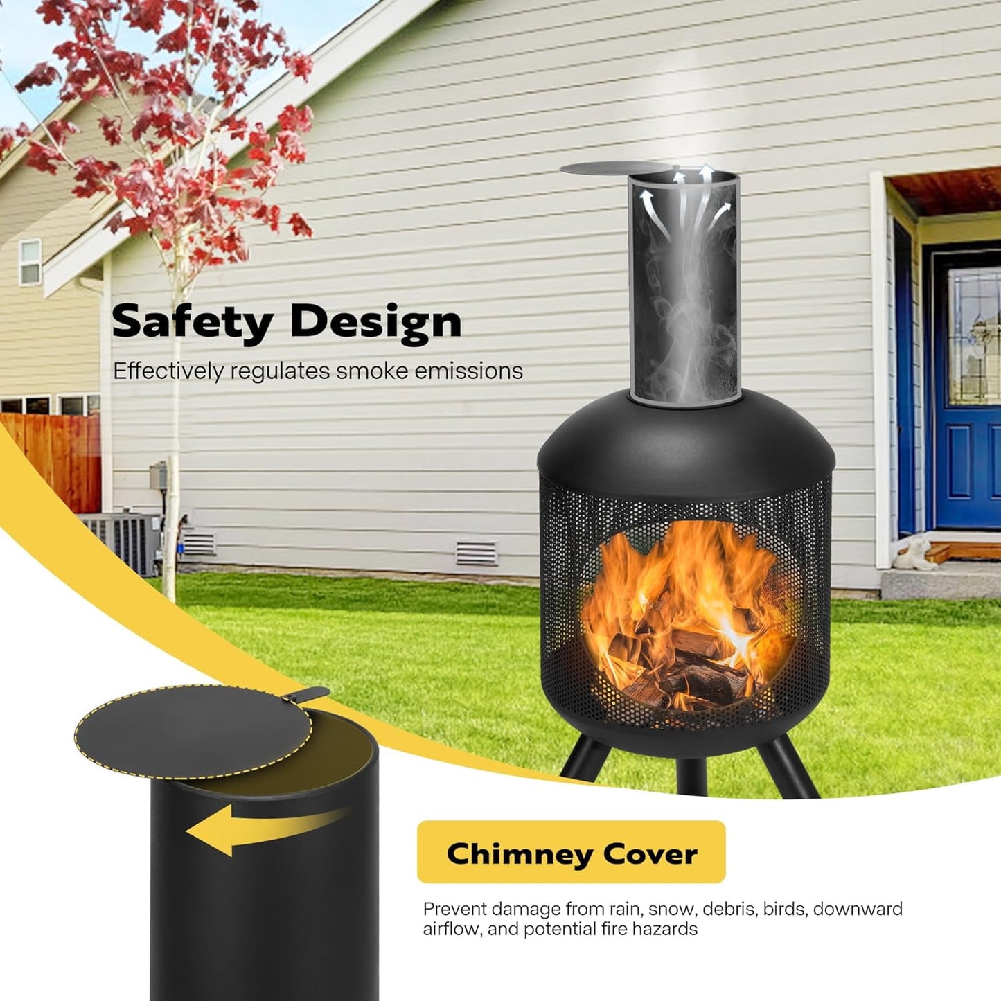 SPECSTAR 46 Inch Chiminea Outdoor Fireplace, Cold-Rolled Steel Wood Burning Fire Pit with Mesh Design, Top Chimney Cover