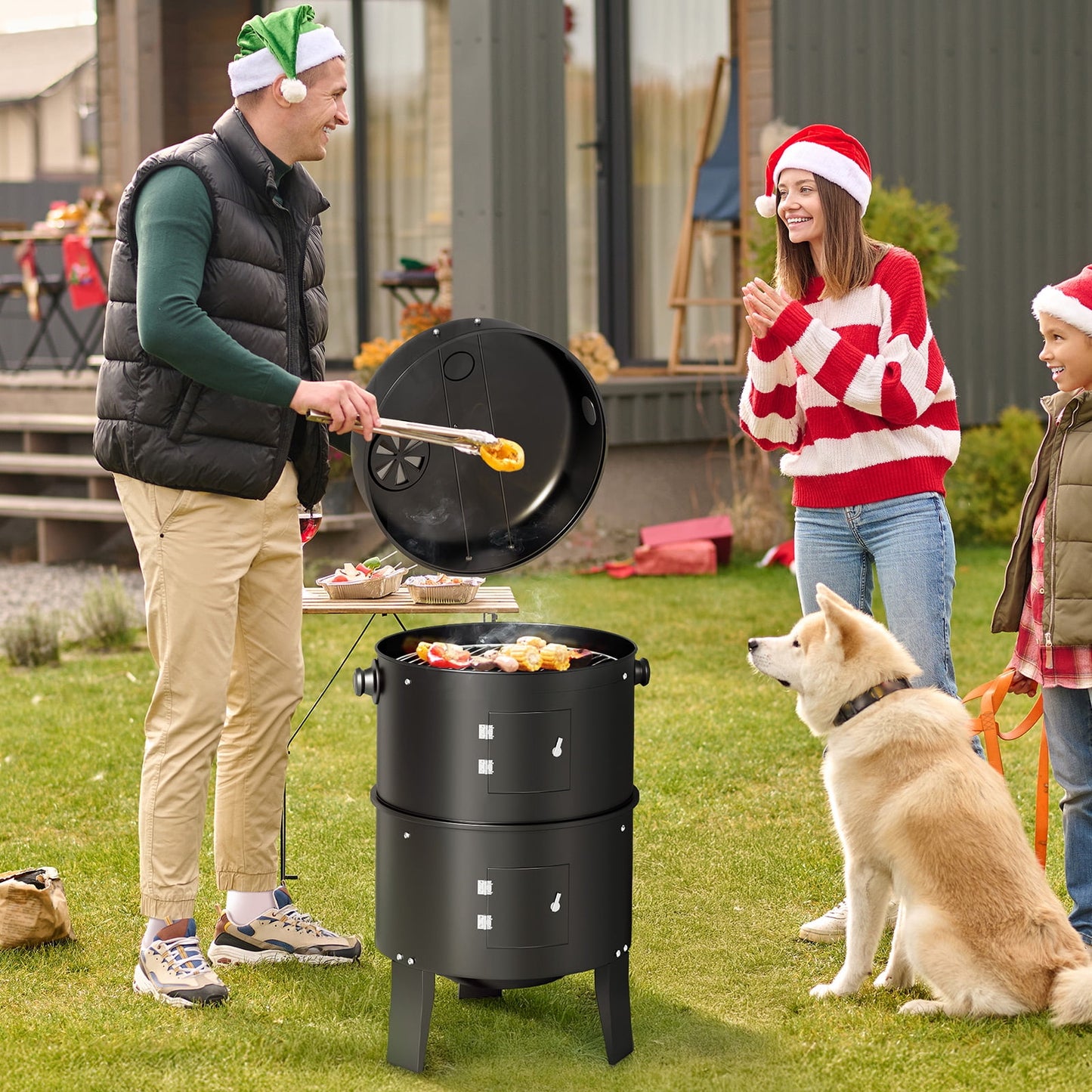 KingChii 3 in 1 Vertical Charcoal Smoker Grill BBQ Smoker for Outdoor, Patio Backyard Camping, Black