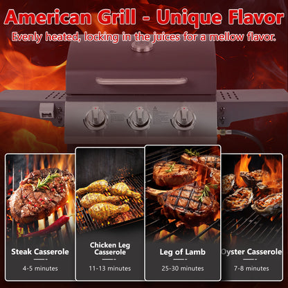 30000 BTU Gas Grill with 4 Universal Wheels, 3 Burners Outdoor BBQ Grill with Steel Brush & Thermometer for Outdoor Camping