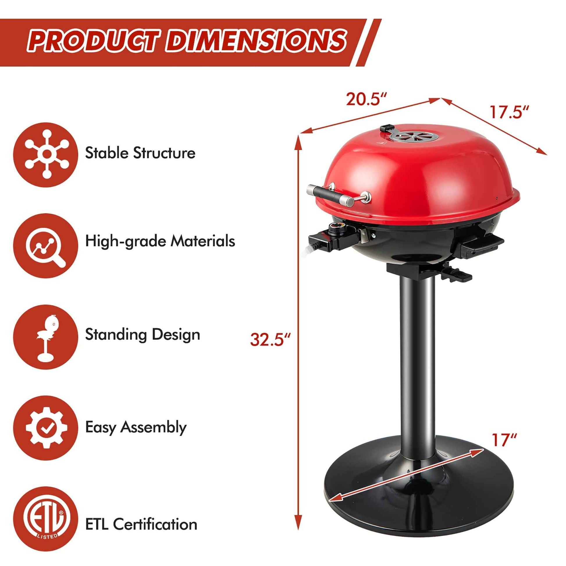 Costway Portable 1600W Electric BBQ Grill with Temperature Control & Grease Collector Red