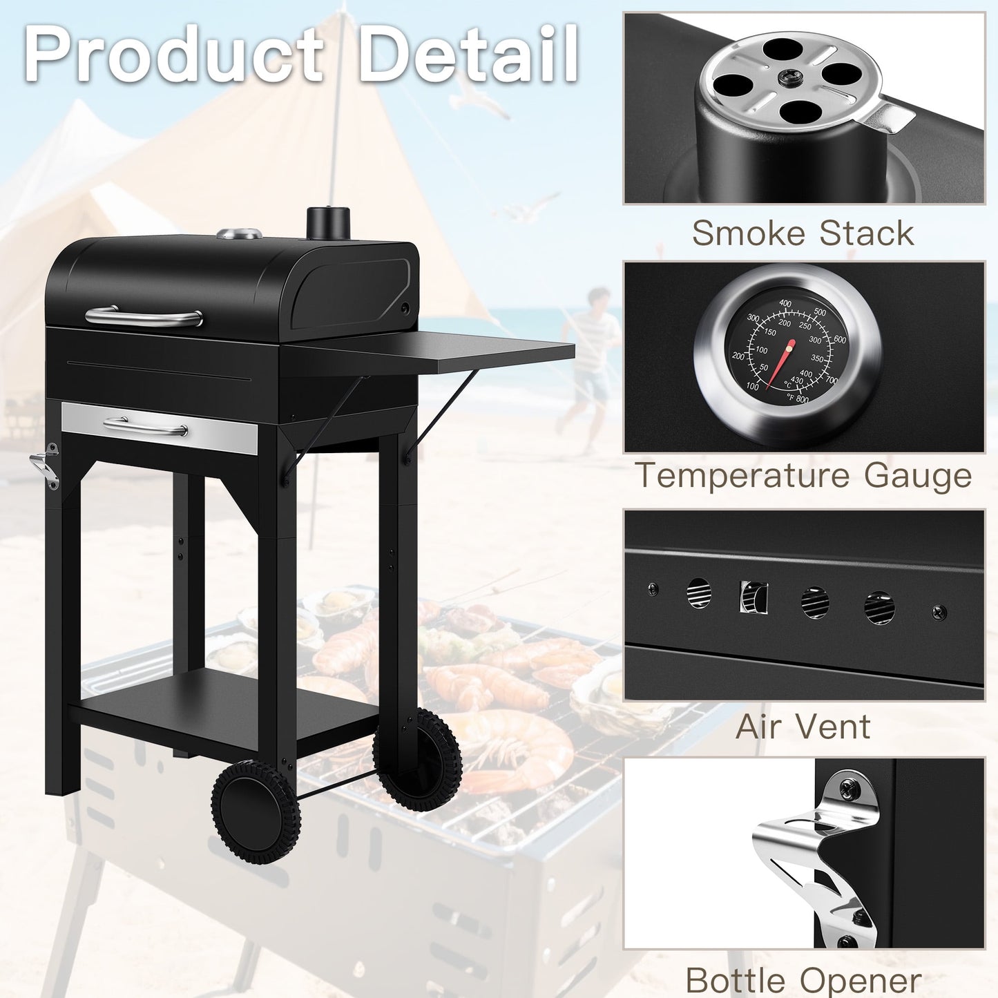 Portable Charcoal Smoker Grill Combo with Offset Firebox – Heavy Duty BBQ Grill with Warming Rack & Side Shelf for Outdoor Cooking, Camping & Tailgating