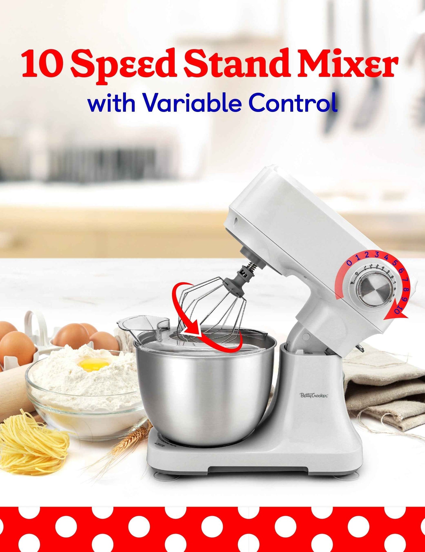 Betty Crocker Stand Mixer, 3.7-Qt Electric Mixer with 10 Speeds, Kitchen Mixer with Dough Hook, Whipping Whisk & Flat Beater with Scraper, Kitchen Appliances with Anti-Splash Cover & Stainless Steel M