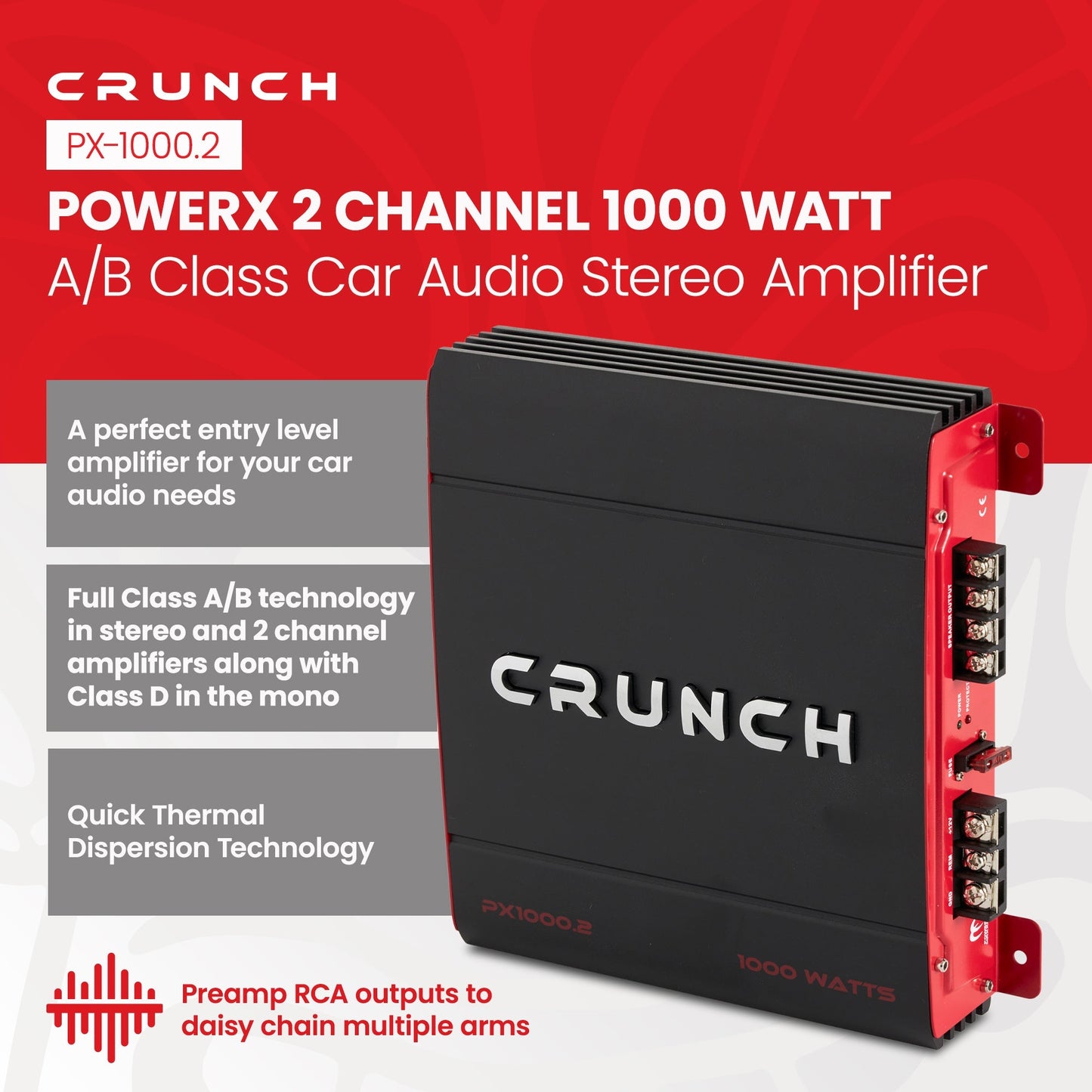 Crunch 2 Channel 1000 Watt Amp A/B Class Car Audio Stereo Amplifier | PX-1000.2 - Find Fresh Goods