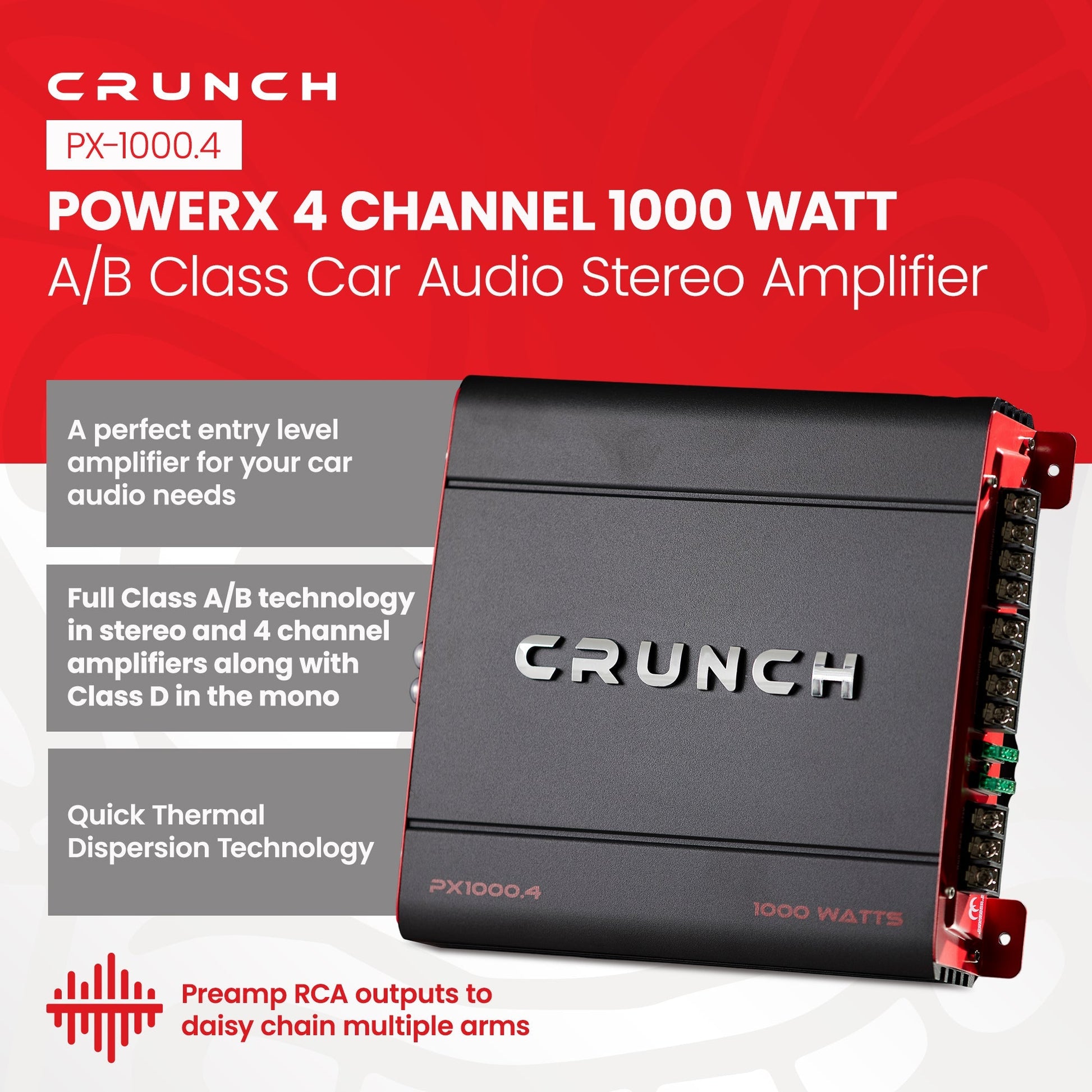 Crunch PX-1000.4 4 Channel 1000 Watt Amp A/B Class Car Stereo Power Amplifier - Find Fresh Goods