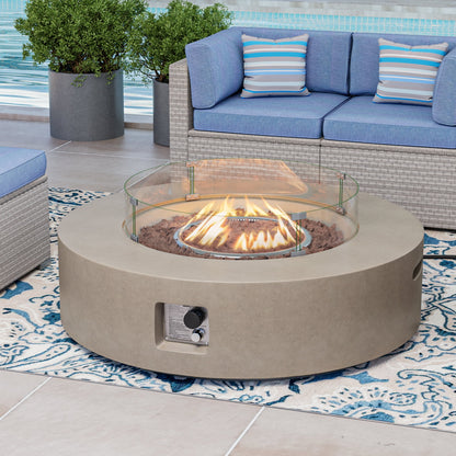 COSIEST Outdoor 40.5 inch Round Grey Propane Fire Pit Coffee Table w Wind Guard (Tank Outside)