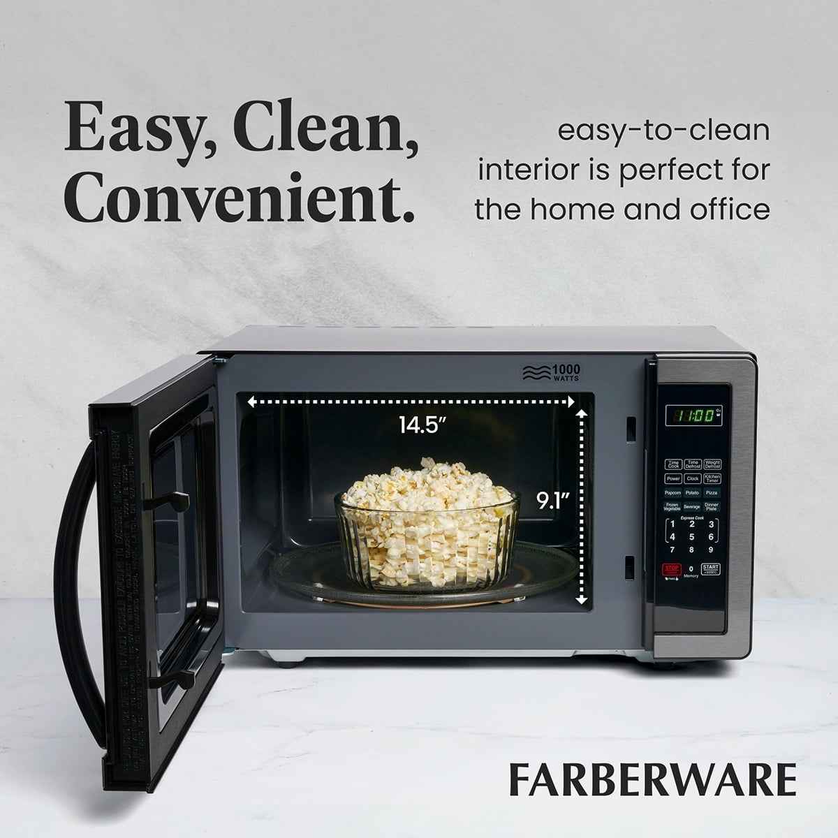 Farberware Stainless Steel Countertop Microwave Oven with Child Lock, 1.1 Cu Ft Black Stainless