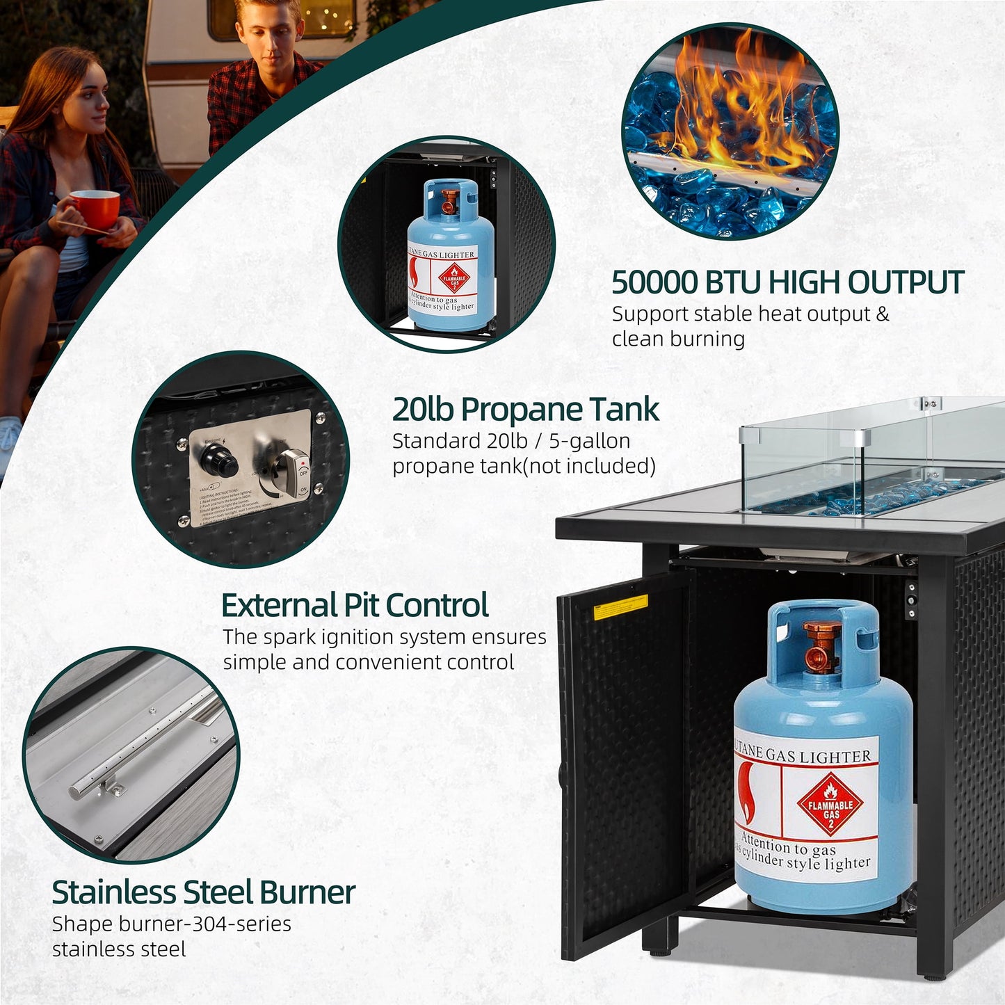 Walsunny 45" Propane Fire Pit Table 50,000 BTU Steel Gas Fire Pit with Removable Lid & Waterproof Cover and Tables