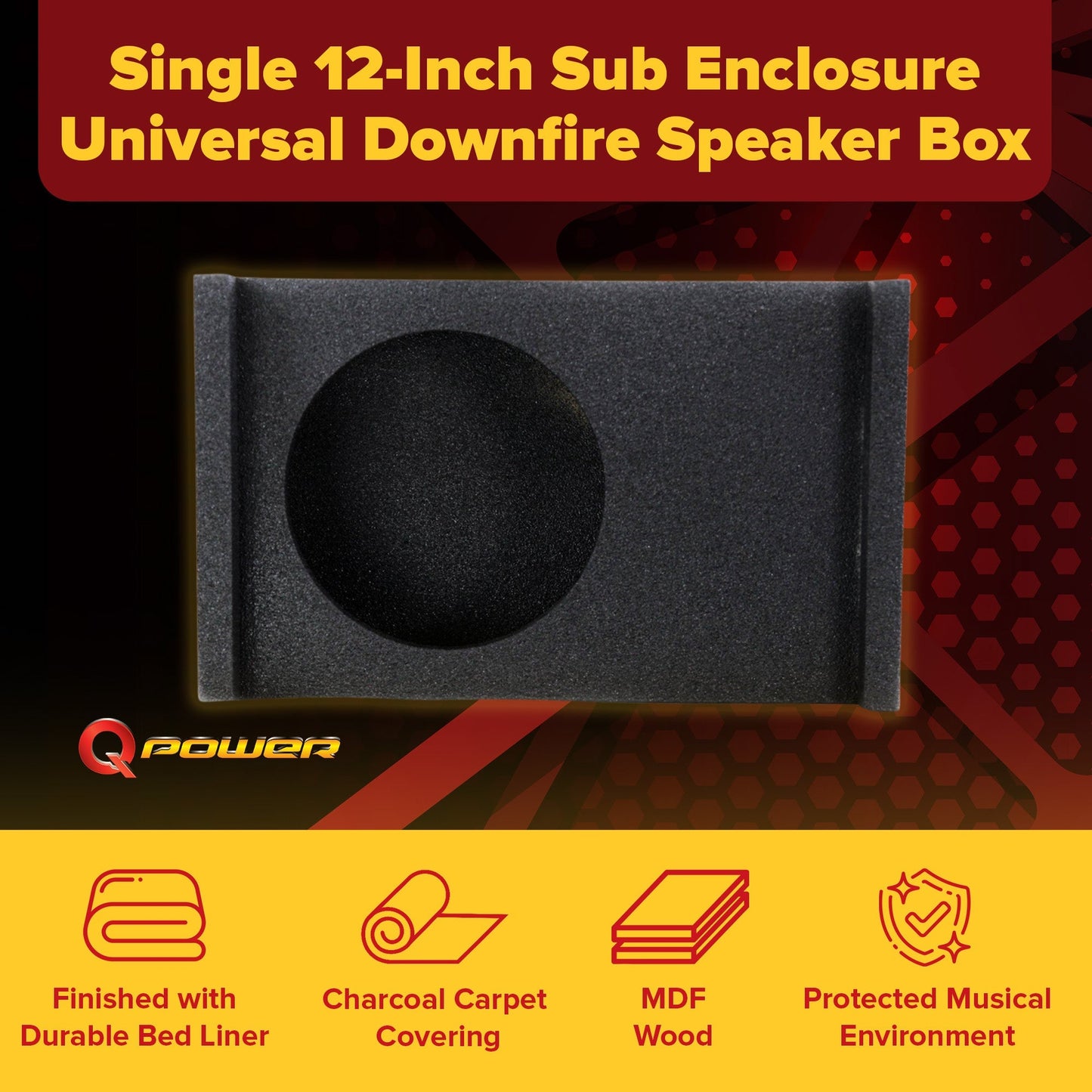 QPower Single 12 Inch Sub Enclosure, Universal Downfire/Behind Seat Speaker Box - Find Fresh Goods