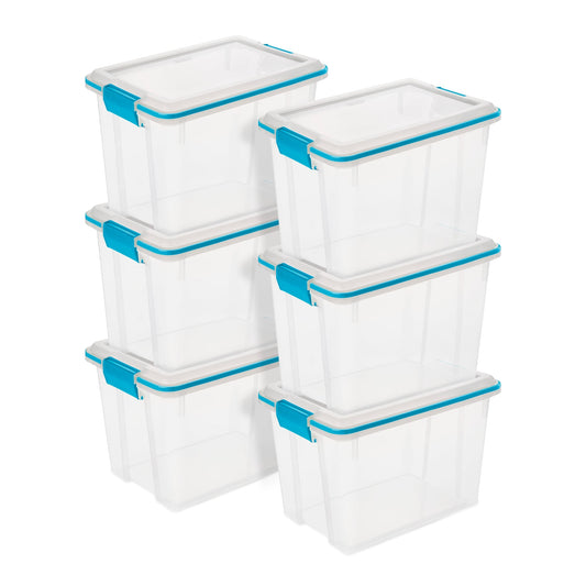 Sterilite 20 Quart Gasket Box, Stackable Storage Bin with Latching Lid, 6 Pack