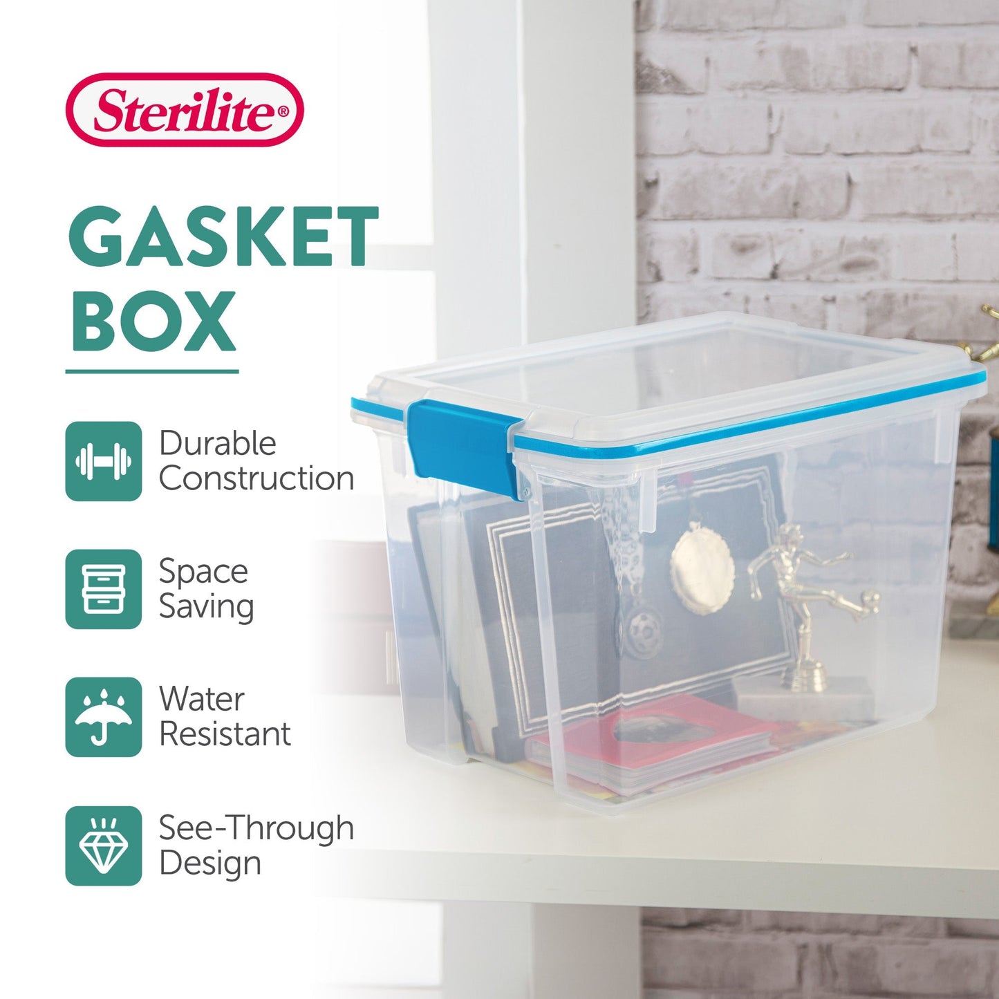 Sterilite 20 Quart Gasket Box, Stackable Storage Bin with Latching Lid, 6 Pack