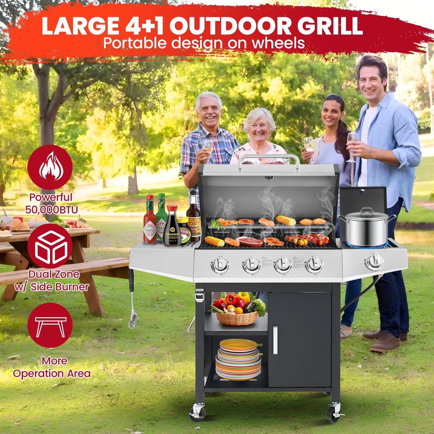 Seizeen 4-Burner Stainless Steel Gas Grill with Side Burner, 46,790 BTU, Enameled Cast Iron Grate, Outdoor BBQ