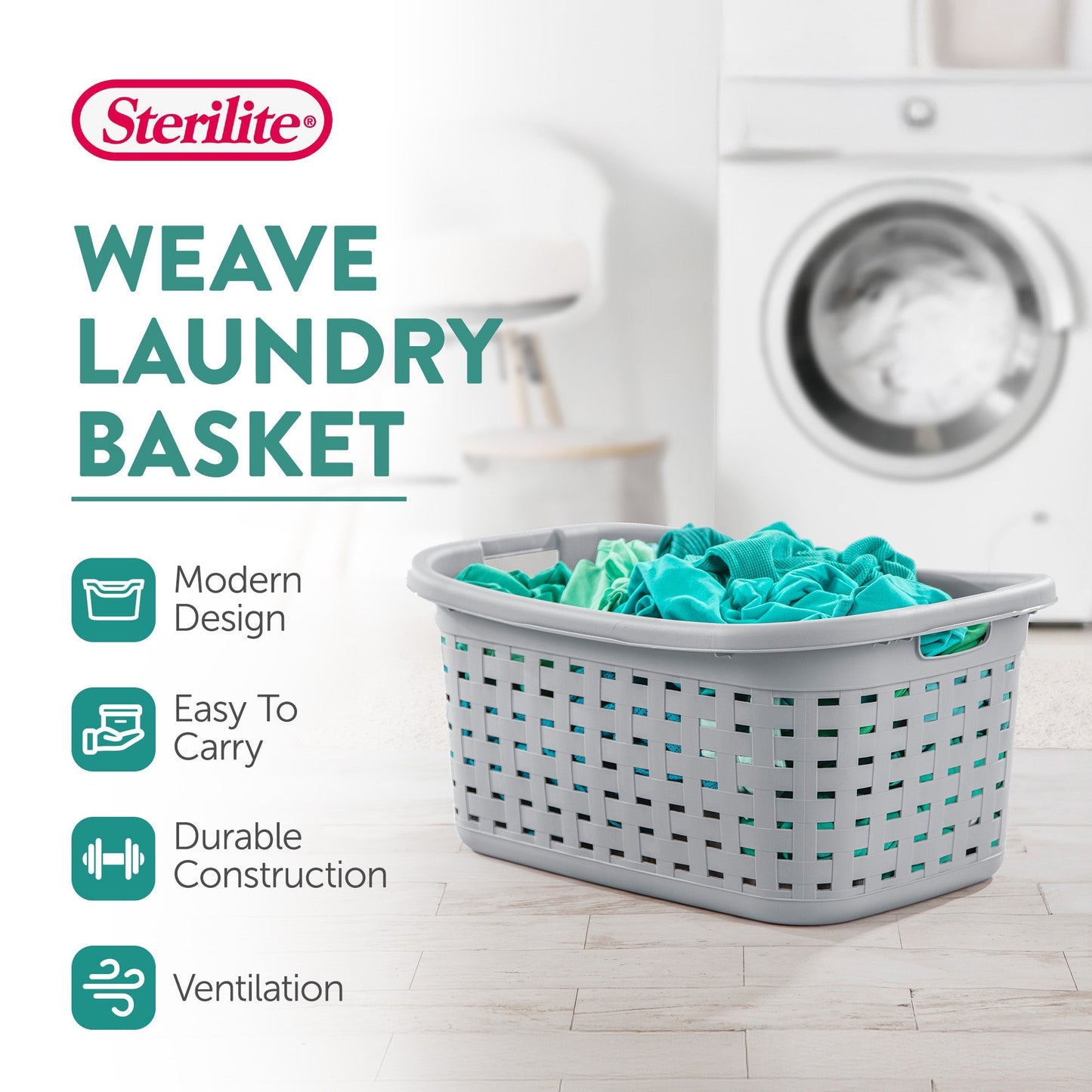 Sterilite Weave Laundry Basket, Plastic Clothes Hamper w/Handles, 6 Pack, Cement